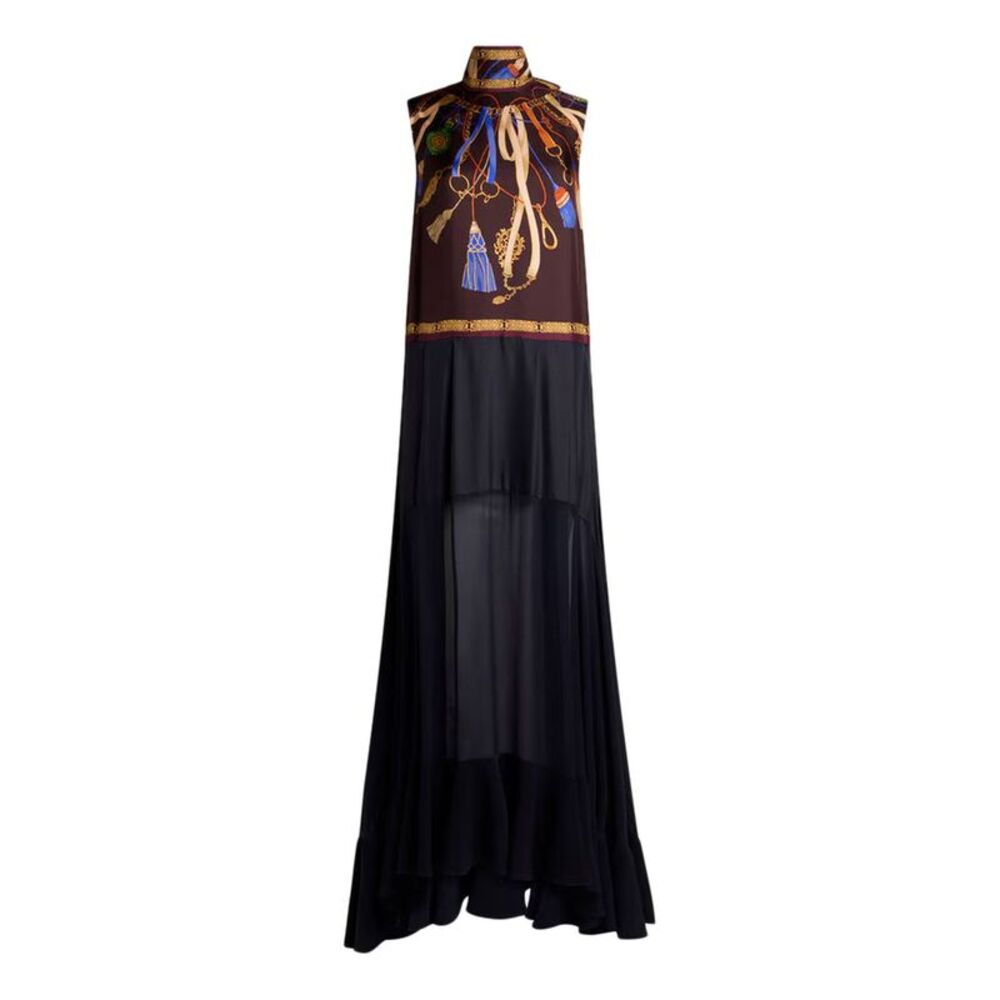 Etro Women Long Silk Dress With A See-Through Skirt And Placement Print